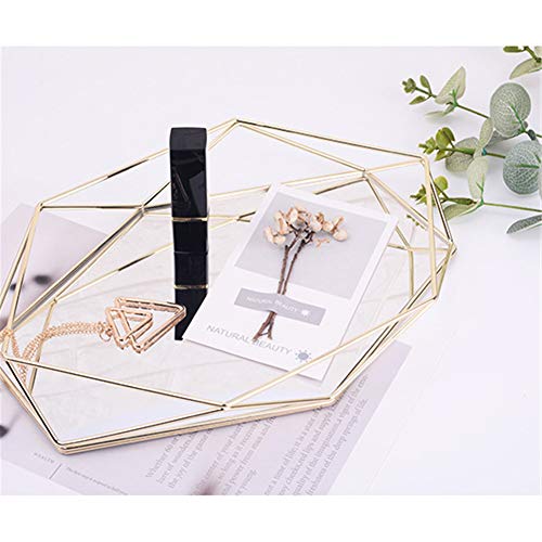 FABSELLER - Bandeja decorativa de metal con espejo, color oro rosa, lujosa, bandeja de almacenamiento hexagonal para escritorio, estilo nórdico, simple