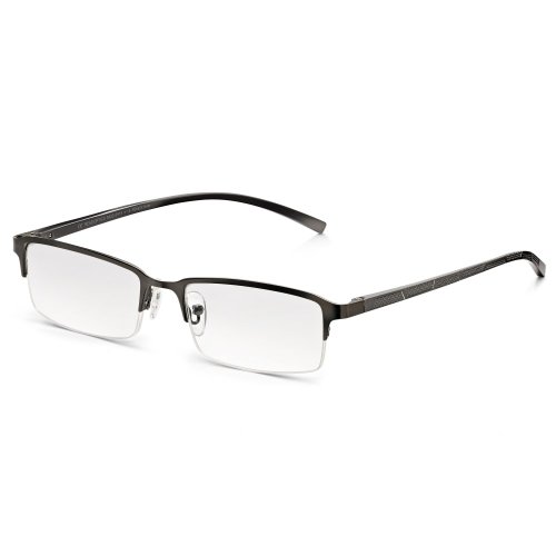 Gafas -Read Optics-Lentes de Lectura Hombre Vista Cansada: Gris Opaco Metalizado, Media Montura y Bisagras de Resorte. Transparentes con Antireflejos y Resistentes. Dioptrías +1/+1,5/+2/+2,5/+3/+3,5