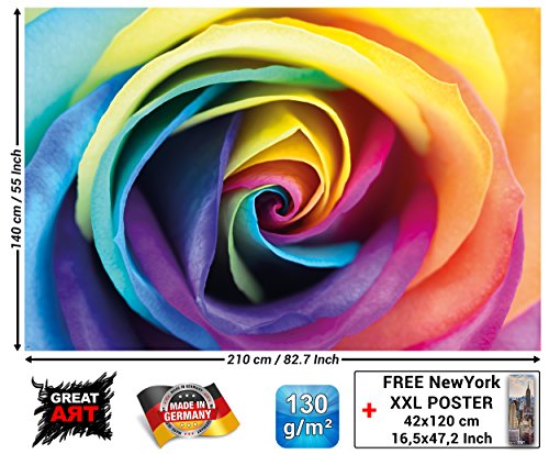 GREAT ART Mural de Pared – Rosa del Arco Iris – Flores Rosas Mural Hermosa Naturaleza Flor Deco Flores de Colores Rainbow Motivo Foto Tapiz Y Decoración (210 x 140 cm)