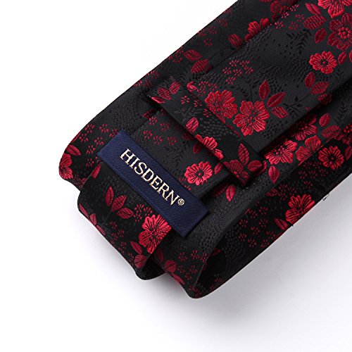 HISDERN Extra largo Floral Paisley lazo del panuelo Hombres Corbata & Plaza de bolsillo Conjunto Rojo/negro