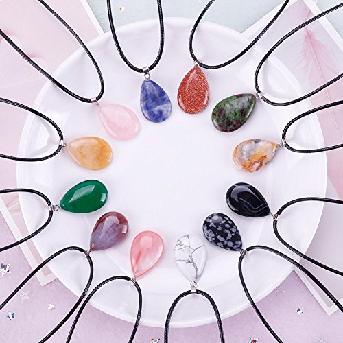 Juanya - 20 colgantes de piedra con forma de gota de agua de cristal de cuarzo chakra con cordón de piel sintética de 18 pulgadas de color negro