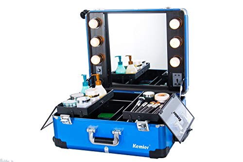 Kemier Estuche de Maquillaje,Mesa de Entrenamiento de Cosméticos con 4 Ruedas y Luces y Espejo,Tablero de Cubierta y Bandejas Extensibles Fáciles de Limpiar,Piernas Ajustables,Robusto(Azul)