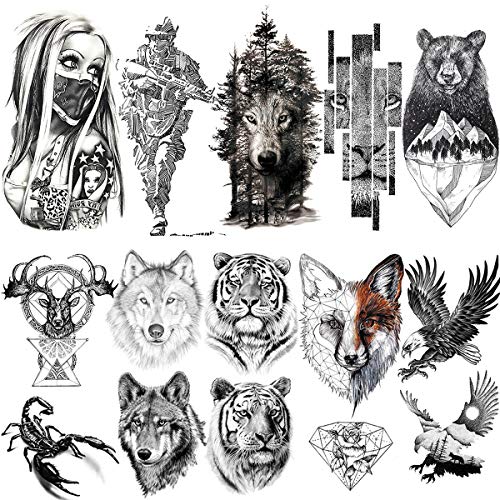 LAROI 10 Hojas 3D Grande Realista Cara Tigre Tatuajes Temporales Hombre Brazo Soldado Tatuajes Falsos Adultos Temporales Mujer Escorpión Lobo Ciervo Águila Oso Sketch Negro Tatuaje Temporal Niños