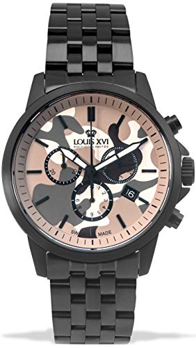 LOUIS XVI Aramis 972 - Reloj de pulsera para hombre, correa de acero, correa de camuflaje, color marrón, cronógrafo, analógico, cuarzo, acero inoxidable