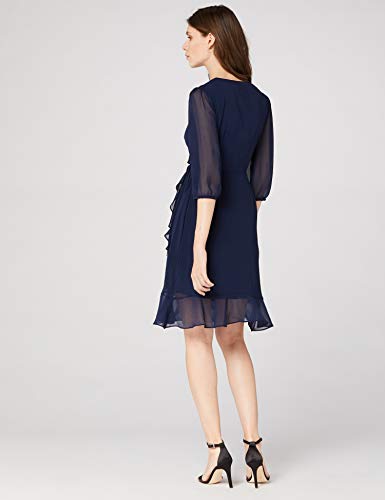 Marca Amazon - TRUTH & FABLE Vestido Midi Cruzado de Gasa Mujer, Azul (Navy), 42, Label: L