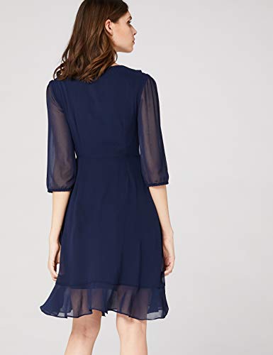 Marca Amazon - TRUTH & FABLE Vestido Midi Cruzado de Gasa Mujer, Azul (Navy), 42, Label: L