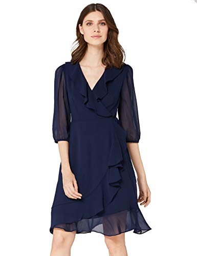 Marca Amazon - TRUTH & FABLE Vestido Midi Cruzado de Gasa Mujer, Azul (Navy), 42, Label: L