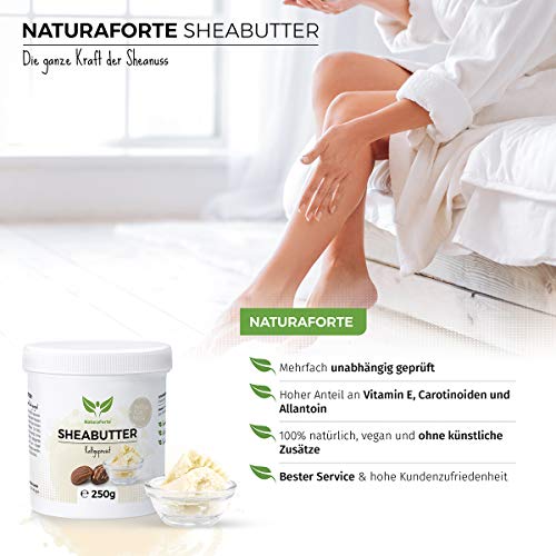 NaturaForte Manteca de karité 250 g, pura y natural, prensada en frío y sin refinar, hidratante, rehidratante. Testado en laboratorio y sin perfumes ni aditivos artificiales