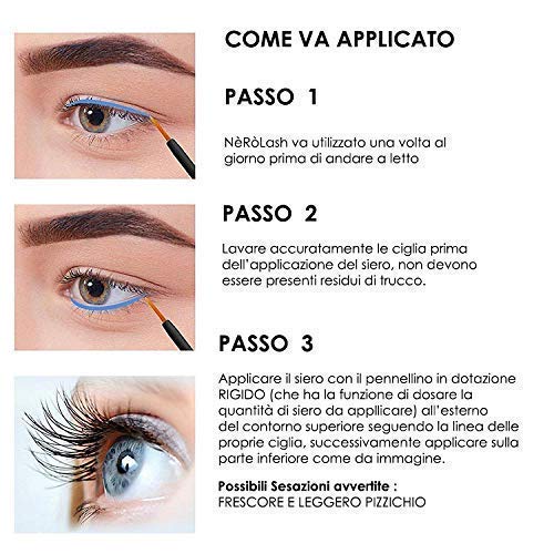NèRòLash - Suero para crecimiento de pestañas, fabricado en Italia, efecto rápido, 2 semanas, con ácido hialurónico, PROVITAMINA B5