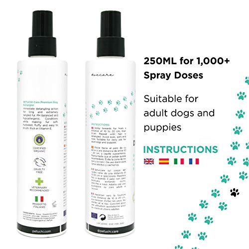 PETUCHI Spray Desenredante para Perros; Cepillado Fácil; Hipoalergénico con Jojoba y Miel; No Necesita Aclarado; 250ml