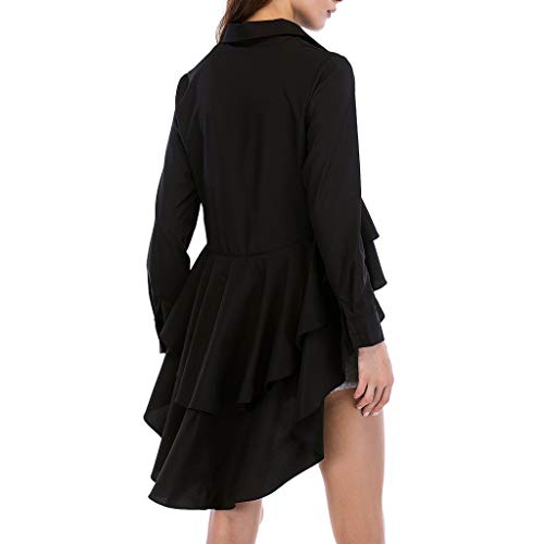 PKTOP Blusa de manga larga asimétrica con dobladillo de volantes para mujer Negro Negro ( L