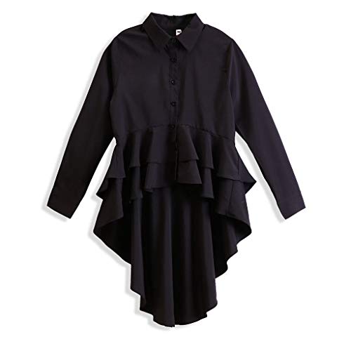PKTOP Blusa de manga larga asimétrica con dobladillo de volantes para mujer Negro Negro ( L
