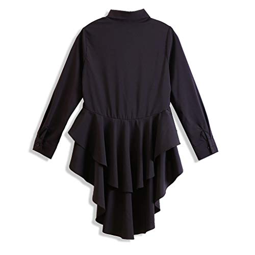 PKTOP Blusa de manga larga asimétrica con dobladillo de volantes para mujer Negro Negro ( L