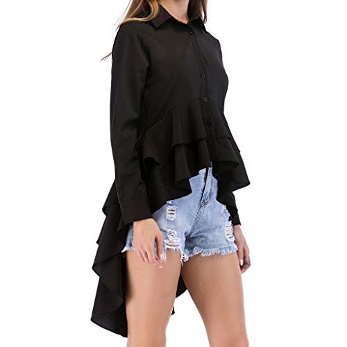 PKTOP Blusa de manga larga asimétrica con dobladillo de volantes para mujer Negro Negro ( L
