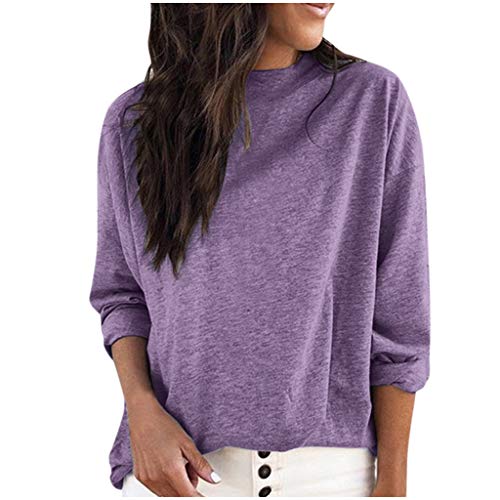 PKTOP Sudaderas casuales de manga larga con cuello en O para mujer, color sólido, de algodón Morado Morado ( M
