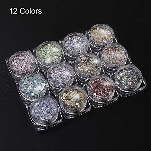 Purpurinas Polvo 12 Colores Chunky Glitter Paillette Brillante Decoración para Cara Maquillaje Pelo Arte Corporal Uñas y Mejilla