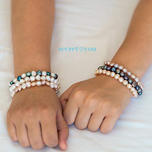 Secret & You Pulsera de Mujer de Perlas Cultivadas de Agua Dulce Blancas y de Colores de 8-9 mm Barrocas 22 Perlas en Total - Pulsera elástica de 18 cm.