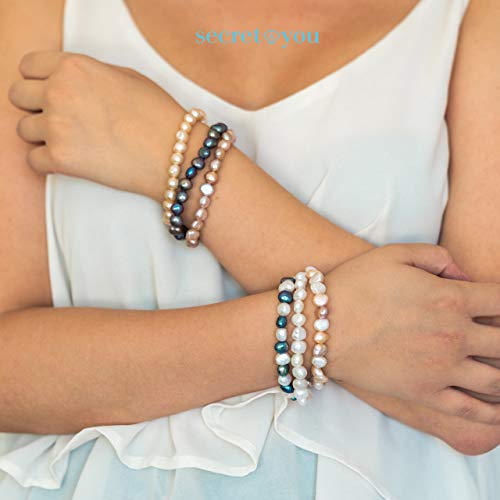 Secret & You Pulsera de Mujer de Perlas Cultivadas de Agua Dulce Blancas y de Colores de 8-9 mm Barrocas 22 Perlas en Total - Pulsera elástica de 18 cm.
