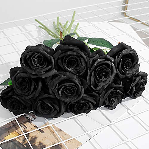 Tifuly 12 PCS Rosas Artificiales, Realista Largo Tallo Falso Rosa Seda Nupcial Ramo de Novia Flor para Home Garden Party Hotel Decoración (Negro)