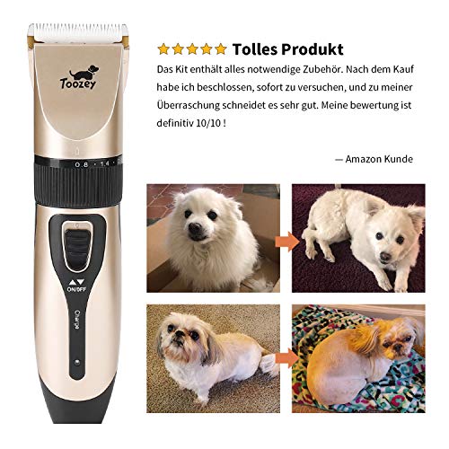 Toozey Cortapelos Perros Profesional para Cabello Grueso/Largo/Corto/Rizado - Kit de Maquina Cortar Pelo Perros de Silencioso Inalámbrico Recargable para Todas Las Mascotas, E-Book, Oro