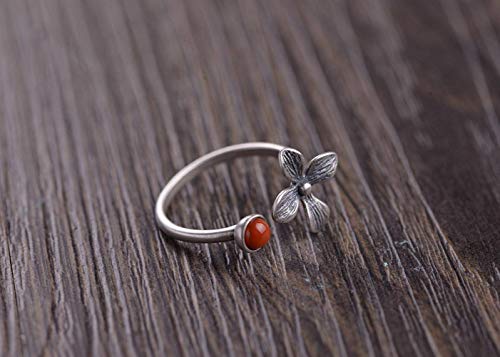 WOZUIMEI Anillo de Estilo Chino Joyería S925 Anillo de Plata Esterlina Artesanía Vintage Joyería de Plata Tailandesa Moda Femenina Ágata Roja Del Sur Jasper Anillo de Flor PequeñaÁgata roja del sur