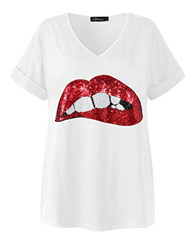 ZANZEA Camisetas Mujer Manga Corta Verano Holgada Labios Estampados Top Tallas Grandes Cuello V Casual Blusa Suelta T Shirt 09-Blanco XXL