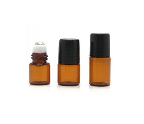 12PCS Mini Botellas Rodillos Aceite Esencial ámbar Vidrio con Tapa Negra y Bolas Rodillos Acero cosmético Titular Almacenamiento Maquillaje Jarras muestras Perfume Attar Viales (2ml)