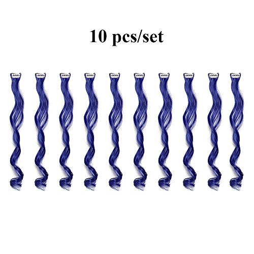 22"(55cm) Extensiones de Cabello Clip Mechas de Colores Fantasía 10 Tiras/Set Pelo Sintético Natural para Niñas Muñecas Postizos Pelucas Accesorios Rizado (100g,Azul Oscuro)