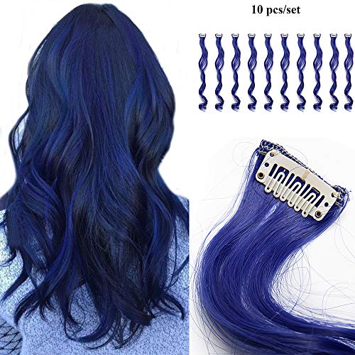 22"(55cm) Extensiones de Cabello Clip Mechas de Colores Fantasía 10 Tiras/Set Pelo Sintético Natural para Niñas Muñecas Postizos Pelucas Accesorios Rizado (100g,Azul Oscuro)