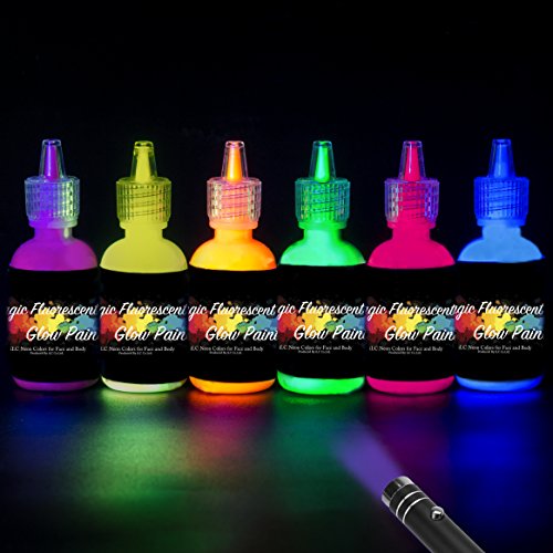 [6 X 28 ml.]iLC Pintura Corporal Pintar Neón Fluorescente Color UV Luz Negra Arte Fosforescente Maquillaje Autoluminosa Luminiscente Resplandeciente en Oscuridad