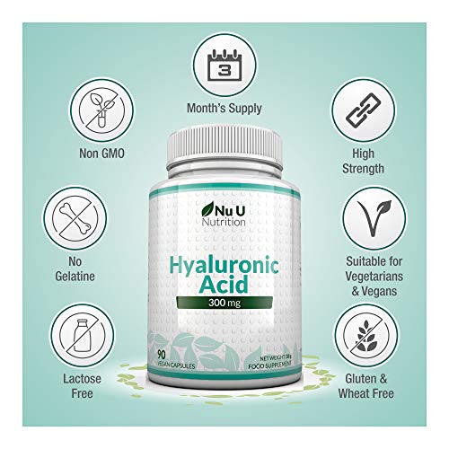 Ácido Hialurónico 300 mg | 90 Cápsulas (Suministro Para 3 Meses) | Tres Veces más Concentrado que Muchas Marcas, por Nu U Nutrition