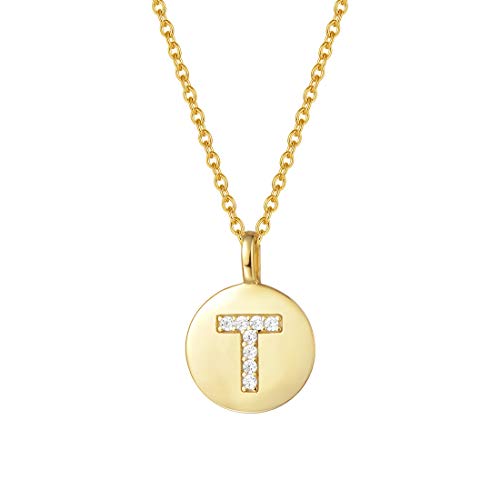 AGVANA Collar con Letra T de Oro Plata de Ley 925 Colgante Pequeño Redondo con Colgante Chapado en Oro Amarillo Collar Inicial para Mujeres Chicas con Caja de Regalo de Joyería Longitud: 40+5 cm