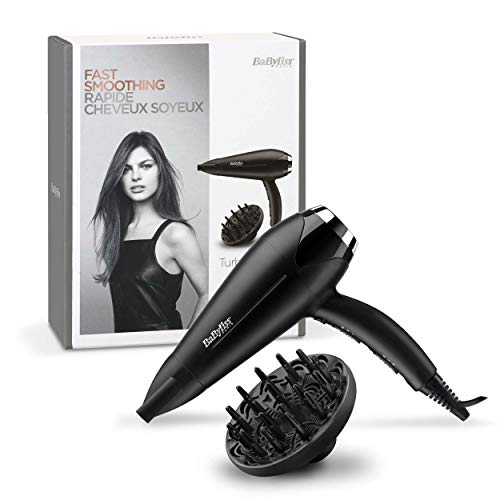 BaByliss D572DE Secador de pelo iónico con motor DC 2200W de potencia, 2 velocidades y 2 temperaturas más botón de aire frío, incluye boquilla estrecha y difusor, peso ligero 409 g, negro