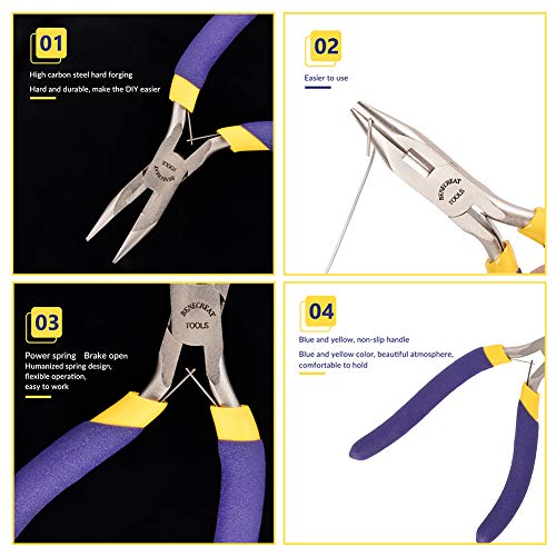 BENECREAT 4 PCS Alicates de Joyeria de Precision para Hacer Joyas - Nariz Larga con Cortador/Nariz Redonda/Alicate de Nariz Larga/Corte Lateral