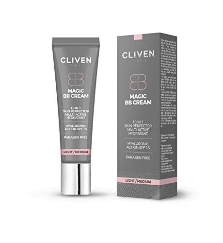 Cliven – Magic BB Cream 10-IN-1 - Crema hidratante con ácido hialurónico corrector de ojeras, efecto iluminador y tonificante, protección solar, color de la piel, 30 ml (mediano)