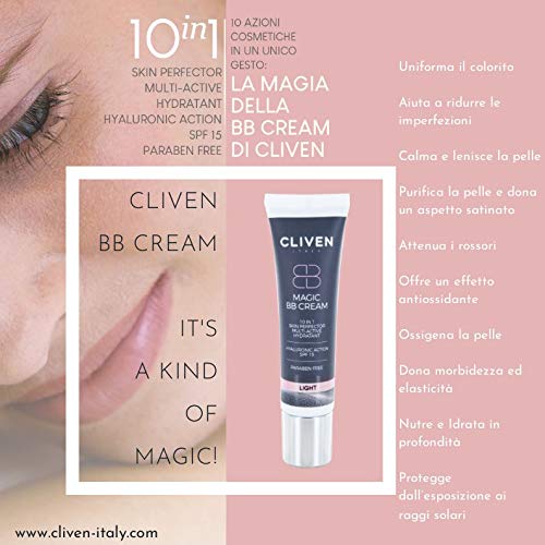 Cliven – Magic BB Cream 10-IN-1 - Crema hidratante con ácido hialurónico corrector de ojeras, efecto iluminador y tonificante, protección solar, color de la piel, 30 ml (mediano)