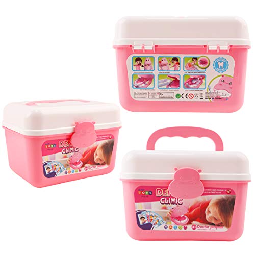 deAO Maletín de Doctor y Dentista Conjunto 2en1 Doctor y Enfermería Clínica Dental Juego para Niños y Niñas Incluye 17 Accesorios Luces y Sonidos (Rosa)