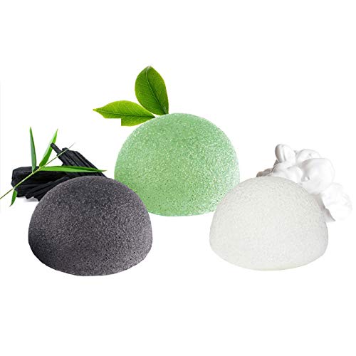 Esponja Konjac Facial (3 Piezas), Konjac Esponge Set para Limpieza y Exfoliación Profunda de Poros, 100% Naturales Carbón de Bambú/Té Verde/Esponja Blanca, Esponjas Faciales para Todo Tipo de Piel