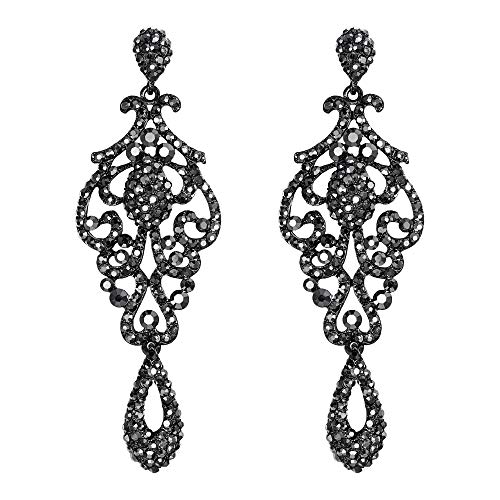 EVER FAITH Mujer Cristal Austríaco Boda Vintage Flor Patrón Ahuecado Pendientes Tono Carbón Negro
