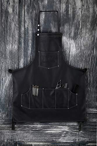 Facón Profesional Cuero Corte de Pelo Peluquería Barbero Delantal para Salón de Peluquería - Uso múltiple, ajustable con 6 bolsillos - Calidad premium de alta resistencia - 28" x 24" (Negro)