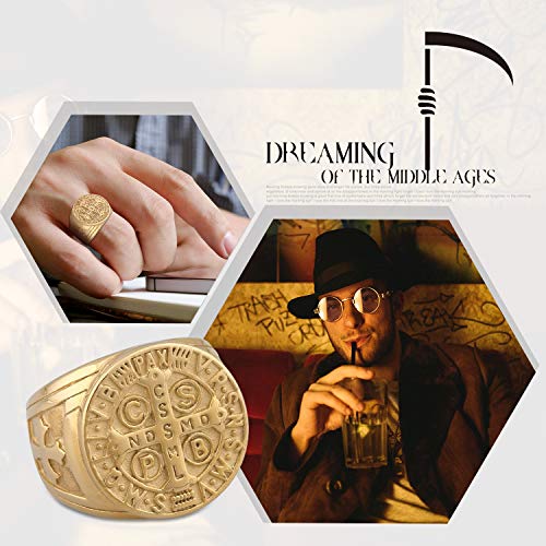 Flongo Anillo de Sello Grande Hombre Anillo de Cruz Hip Hop, Dorado Anillo de Compromiso Retro Vintage, Anillo de Acero Inoxidable Original Talla 8 Americana