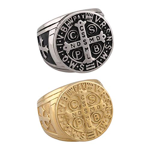 Flongo Anillo de Sello Grande Hombre Anillo de Cruz Hip Hop, Dorado Anillo de Compromiso Retro Vintage, Anillo de Acero Inoxidable Original Talla 8 Americana
