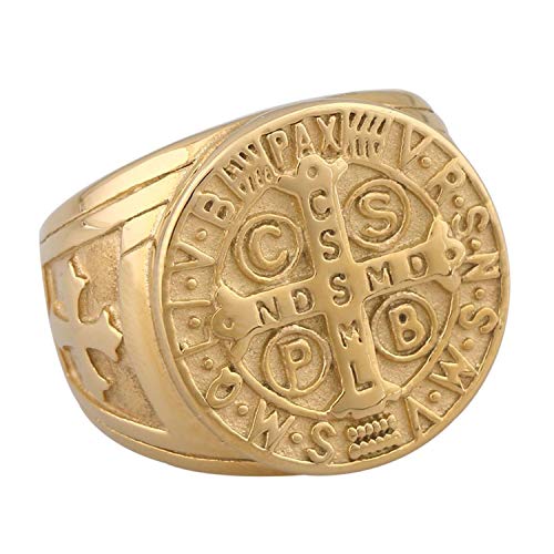 Flongo Anillo de Sello Grande Hombre Anillo de Cruz Hip Hop, Dorado Anillo de Compromiso Retro Vintage, Anillo de Acero Inoxidable Original Talla 8 Americana