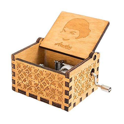 FnLy 18 Nota Grabado Madera Amelie Thame Caja de música, Antiguo Tallado a Mano manivela Caja de Regalo