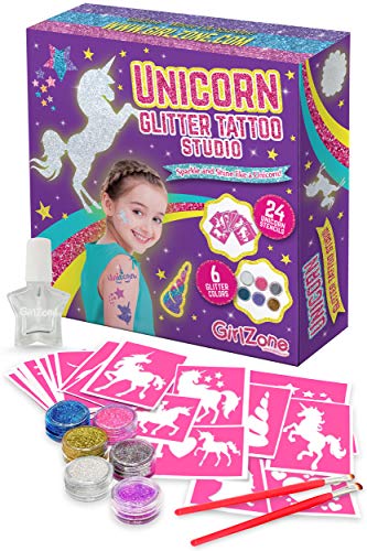 GirlZone Regalos para Niñas -Tatuajes Purpurina Unicornio -Kit de Tatuajes Temporales con Brillantina para Niñas -Tatuajes Temporales - Tattoos Infantiles