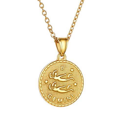 GoldChic Jewelry Géminis Colgante Collar Dorado Acero Inoxidable con baño de Oro, Cadena Ajustable, horóscopo zodíaco constelaciónes, Gratis Caja de Regalo