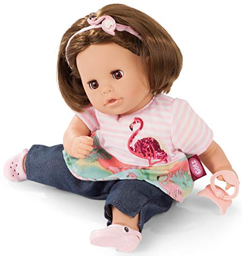 Gotz 1916064 Cosy Aquini Amor de flamencos de baño - muñeca con Pelo marrón, Ojos Marrones para Dormir en Set de 7 Piezas - Muñeca de niña de 33 cm