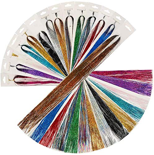 Hebras Pelo de Oropel,Hair Tinsel Extensión 14 colores 1680 hebras 47 pulgadas de color Brillante Extensiones para Niñas