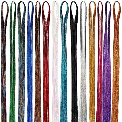 Hebras Pelo de Oropel,Hair Tinsel Extensión 14 colores 1680 hebras 47 pulgadas de color Brillante Extensiones para Niñas