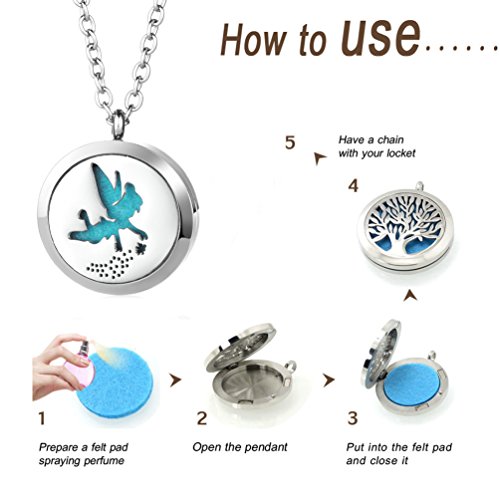 joymiao Aromaterapia Difusor de Aceite Esencial Locket Collar Hipoalergénico 316L Quirúrgico Grado Joyas de Acero Inoxidable 24"Cadena con 8 Felt Pads de Color (Angel)